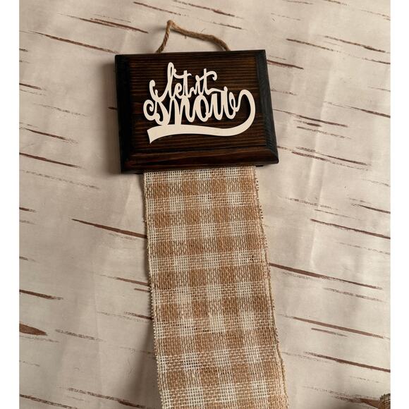Holiday Card Holder Let it Snow Wooden Topper Brown White Plaid Ribbon - Picture 5 of 5